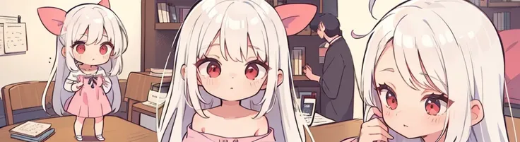 ((((1girl:1.5)))), white hair, red eyes, long hair, (collarbone:1.4), (2d, chibi, cute, cute, small , big eyes), skin color white, think about something, background/(in the room ,modern girl&#39;s room, bed, Soft mood lighting), ((((rose))))