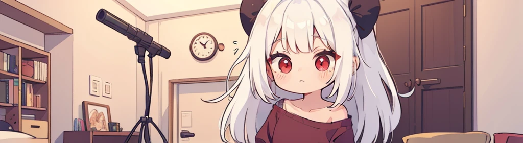 ((((1girl:1.5)))), white hair, red eyes, long hair, (collarbone:1.4), (2d, chibi, cute, cute, small , big eyes), skin color white, think about something, background/(in the room ,modern girl&#39;s room, bed, Soft mood lighting), ((((rose))))