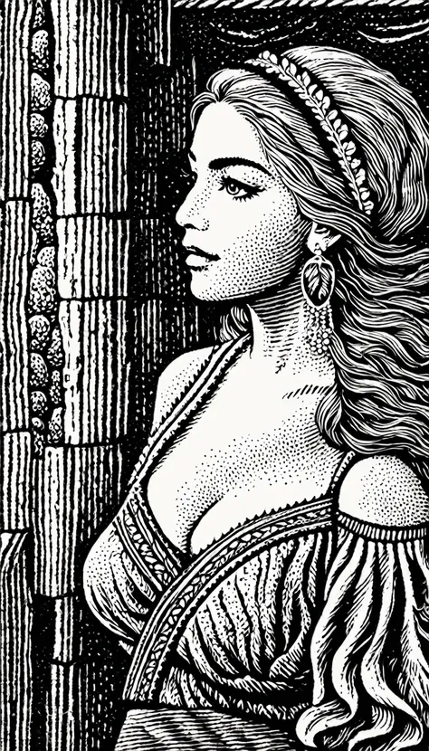 (Black and white woodcut:1.5)、(Second floor in black and white.)、foreground, dark and sinister atmosphere、profile face of a hippie woman with a headband, dressed with feather earrings,  wide, with a wool blouse,  with bare shoulders, big breasts, in a cabi...