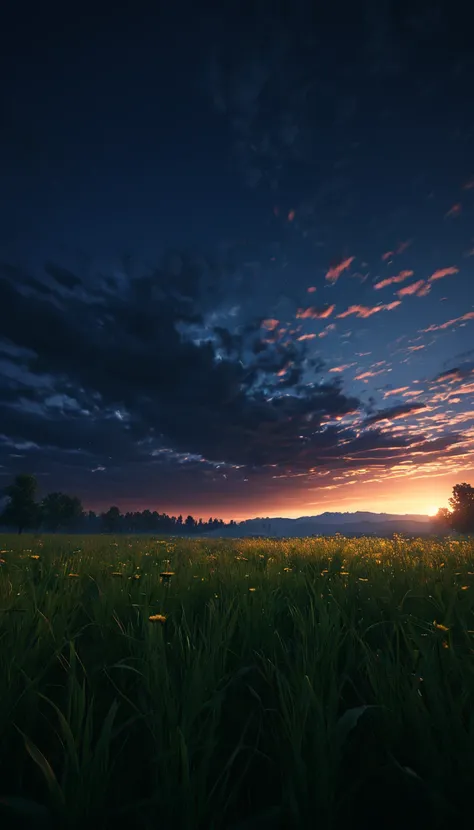 {{Masterpiece, Best Quality, Extremely detailed CG, unity wallpaper 8k, cinematic lighting}}, dark sky, meadow during sunset