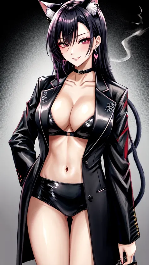 Anime female, black yakuza covered suits with paint, cigarettes, earrings, cat ears, heart eyes, smirking, no revealing clothes