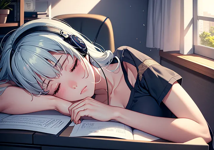 A beautiful girl wearing headphones falls asleep while sitting at her desk　night room　faint light　Cup　Note　pen　