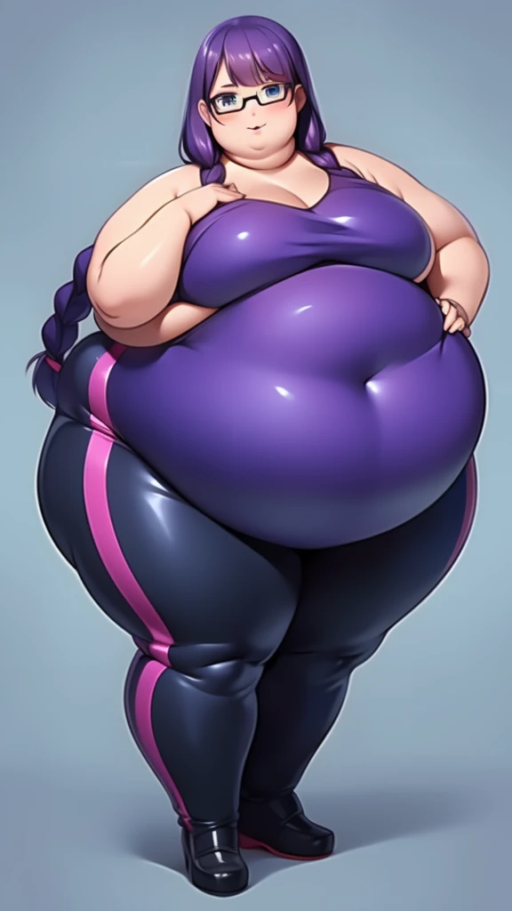 Anime Women, Adult female、Detailed face、amount、amount、Braided Pigtails、Purple Hair、Long Hair、Glasses、Sharp eyes、Thick lips、Purple Lipstick、Painted lips、Very fat、Chubby、obesity、obesity体、Double chin、Cheek、Thick neck、Big Breasts、Saggy breasts、Thick upper arms...