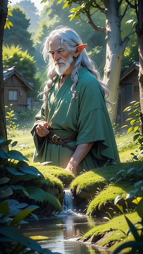 A wise old elf man with silver hair, green eyes, and a long green robe, stands in a small, picturesque elven village with wooden houses and lush greenery.
The old elf man looks serene and thoughtful.
The scene is set at sunrise, with soft light filtering t...