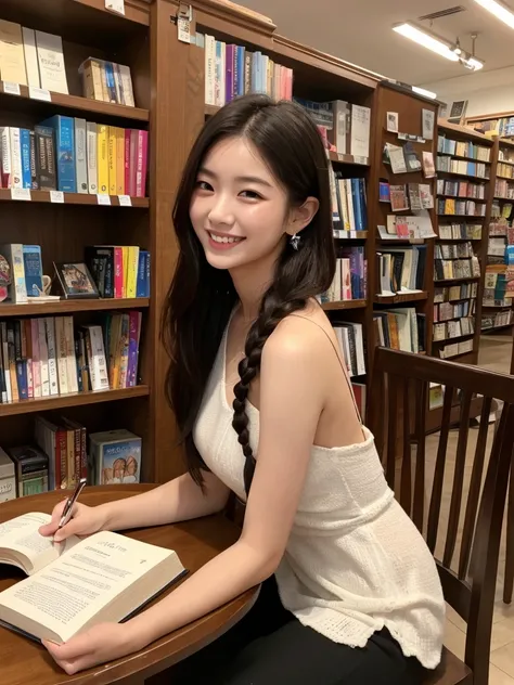 (8k, RAW photo, best quality, masterpiece:1.2), (realistic, photo-realistic:1.4), (extremely detailed 8k wallpaper),korean 20 age woman, The image captures her surrounded by shelves of books, emphasizing her intellectual curiosity and the quaint charm of t...