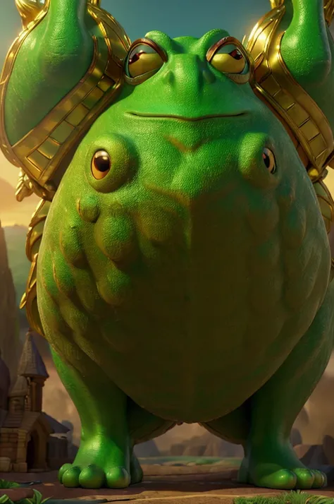 a giant muscular green frog prince, golden crown, golden armor, fantasy city background, fairytale fantasy, ornate buildings, green boots, highly detailed, 8k, intricate, photorealistic, masterpiece, beautiful lighting, cinematic, dramatic, epic scale