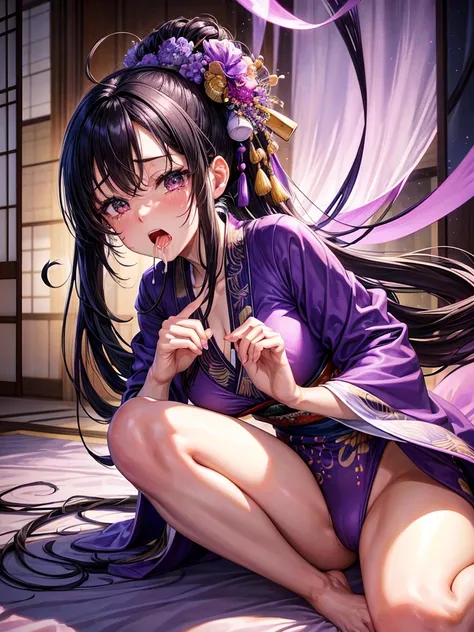 Highest quality,Highest Resolution,A crying beautiful woman in a purple kimono leotard,Black Hair,hairpin,High leg,Japanese-style room,whole body,tabi,Tears,(((Open your mouth and drool))),Very beautiful eyes,