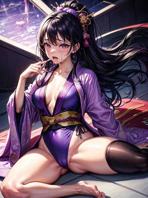 Highest quality,Highest Resolution,A crying beautiful woman in a purple kimono leotard,Black Hair,hairpin,High leg,Japanese-style room,whole body,tabi,Tears,(((Open your mouth and drool))),Very beautiful eyes,