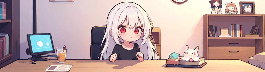 ((((1girl:1.5)))), white hair, red eyes, long hair, (collarbone:1.4), (2d, chibi, cute, cute, small , big eyes), skin color white, think about something, background/(in the room ,modern girl&#39;s room, bed, Soft mood lighting), ((((rose))))