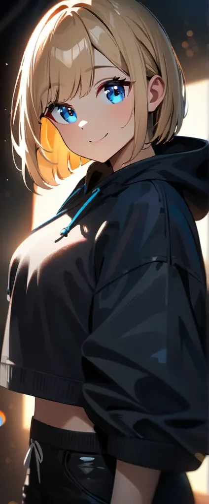 (((One girl))), blond hair, bob cut, (upper body), (looking at viewer), breasts, teenager, head tilt:1.3, (((blue eye))), (from side), selfie, ((happy smile)), black hoodie, black shorts:1.3, anime style, (best quality, 4k, 8k, highres, masterpiece:1.2, ul...