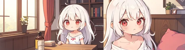 ((((1girl:1.5)))), white hair, red eyes, long hair, (collarbone:1.4), (2d, chibi, cute, cute, small , big eyes), skin color white, think about something, background/(in the room ,modern girl&#39;s room, bed, Soft mood lighting), ((((rose)))), (Bamboo Spear...