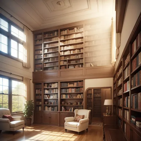 High ceiling living room Decorated with bookshelves