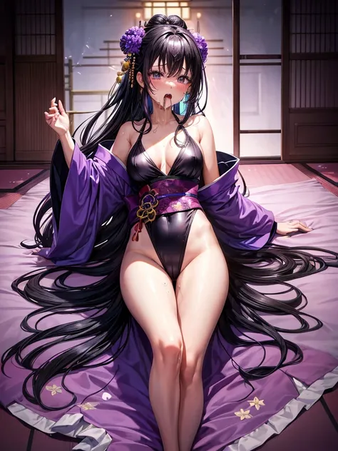 Highest quality,Highest Resolution,A crying beautiful woman in a purple kimono leotard,Black Hair,hairpin,High leg,Japanese-style room,whole body,tabi,Tears,(((Open your mouth and drool))),Very beautiful eyes,