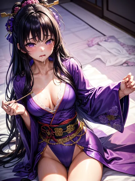 Highest quality,Highest Resolution,A crying beautiful woman in a purple kimono leotard,Black Hair,hairpin,High leg,Japanese-style room,whole body,tabi,Tears,(((Open your mouth and drool))),Very beautiful eyes,