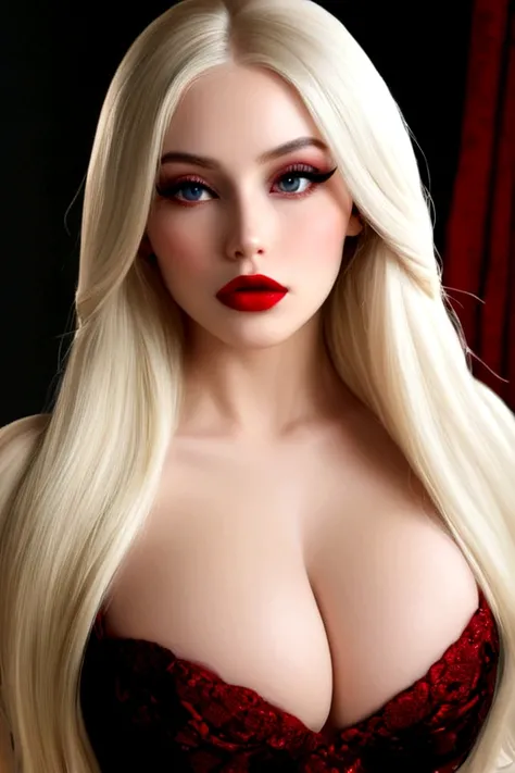 Create the most realistic stunningly gorgeous beautiful glamorous supermodel, hyper realistic detailed gorgeous seductive face, thin curved platinum blonde eyebrows, long luscious eyelashes, black eyeliner, black eye shadow, red lipstick, perfect makeup, c...