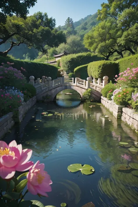 A beautiful detailed peach blossom garden in ancient China, lush peach trees in full bloom, intricate stone bridges, serene ponds with lotus flowers, exquisite traditional Chinese architecture, ancient scholars strolling through the garden, (best quality,4...