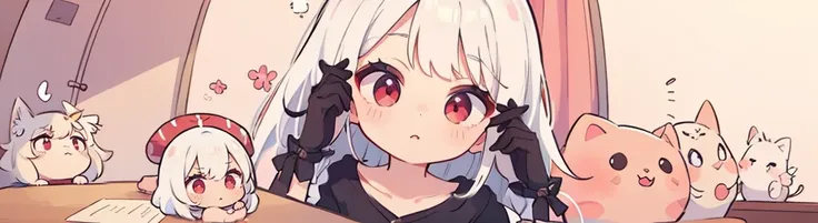 ((((1girl:1.5)))), white hair, red eyes, long hair, (collarbone:1.4), (2d, chibi, cute, cute, small , big eyes), skin color white, think about something, background/(in the room ,modern girl&#39;s room, bed, Soft mood lighting), ((((rose)))), (Bamboo Spear...