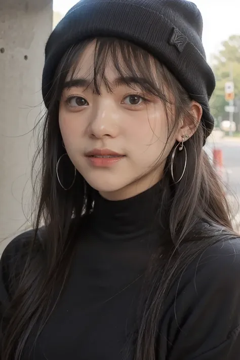 1girl, solo, long hair, black hair, written clothes, brown eyes, looking at the viewer, beanie, lips, upper body, closed mouth, shirt, earrings, https://i.postimg.cc/tCDfNDvp/Screenshot-20230606-212445.png