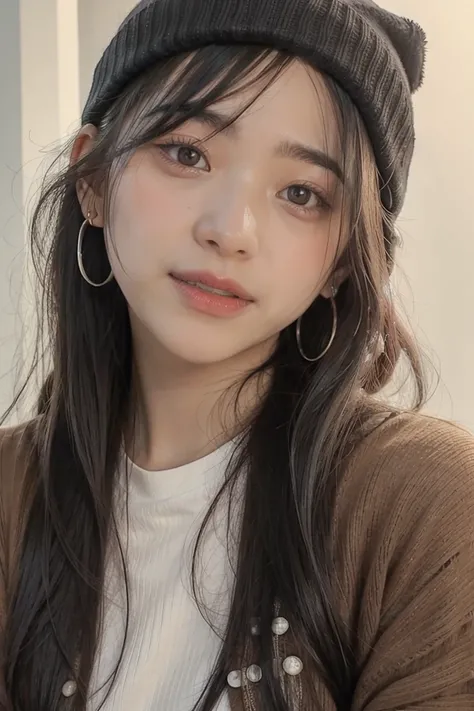 1girl, solo, long hair, black hair, written clothes, brown eyes, looking at the viewer, beanie, lips, upper body, closed mouth, shirt, earrings, https://i.postimg.cc/tCDfNDvp/Screenshot-20230606-212445.png