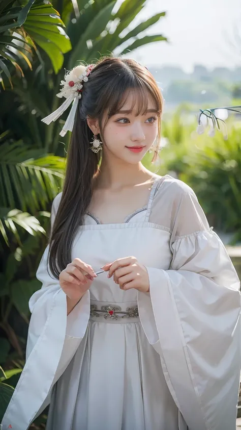 masterpiece, best quality, 1girl, solo, long hair, looking at viewer, smile, bangs, hair ornament, red eyes, long sleeves, dress, standing, collarbone, white hair, grey hair, alternate costume, wide sleeves, tree, chinese clothes, hairpin, hanfu, ningguang...