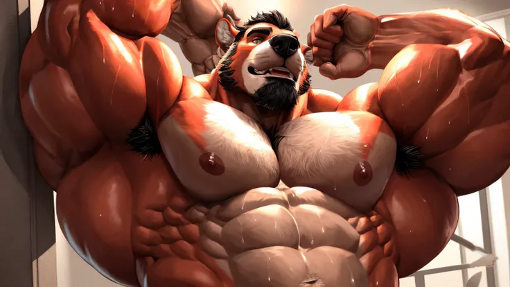 a bodybuilder licking his armpit, (solo:1.4), (hot, handsome, muscular male, muscular anthro), (armpit hair, armpit fetish, armpit licking, armpit play:1.5), (thick thighs:1.2), (big muscles:1.3), (big pecs:1.3), (big penis:1.3), (sweaty:1.3), (wearing tho...