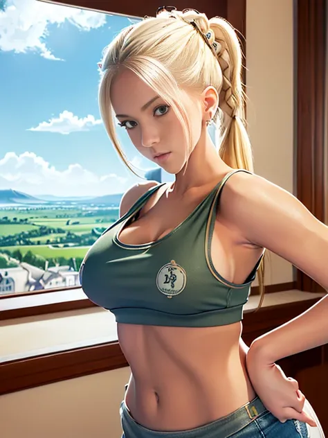 masterpiece、highest quality、Very detailed、An illustration、Beautiful fine details、One Girl、cute、Detailed landscape、Training Room Background:1.4、Platinum Blonde Hair、Braided Ponytail、Red camisole、((D cup breasts, Tank top showing underboob:1.3))