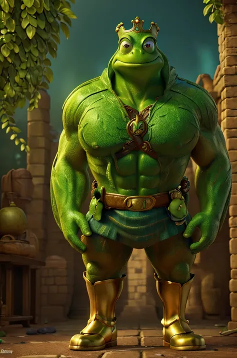 a giant muscular green frog prince, golden crown, golden armor, fantasy city background, fairytale fantasy, ornate buildings, green boots, highly detailed, 8k, intricate, photorealistic, masterpiece, beautiful lighting, cinematic, dramatic, epic scale