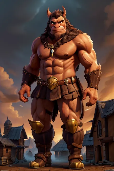 a big bad barbarian werewolf, golden armor, brown boots, massive muscles, village background, detailed anatomy, hyperrealistic, 8k, dramatic lighting, dramatic pose, cinematic, dark fantasy, dramatic shadows, moody atmosphere, warm colors