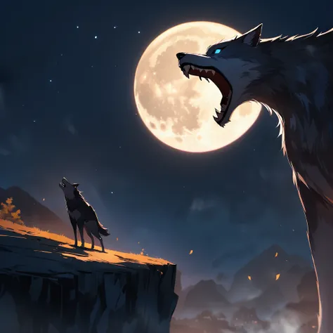 wolf standing at the edge of a cliff, howling at a full moon. illuminated by the bright full moon