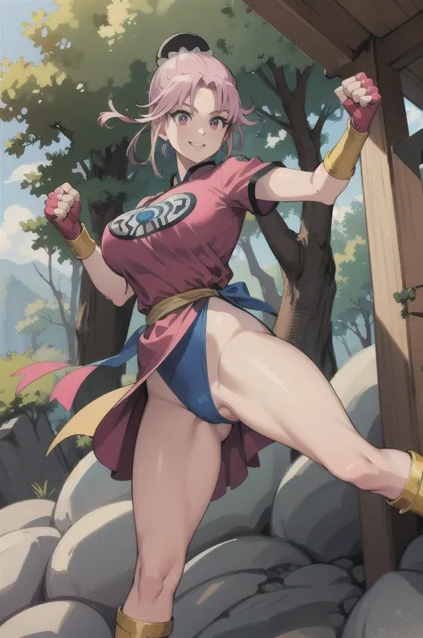 maam,big breasts,beautifuleyes,narrow waist,realistic,solo,outdoor,forest, martialMaam,pink hair,hair bun,long hair,china dress,short sleeves,sash,fingerless gloves,beautiful legs, smile, clenched fists, action pose,:1.1), lady, dragon quest