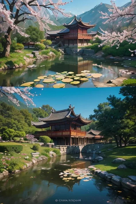 A beautiful detailed peach blossom garden in ancient China, lush peach trees in full bloom, intricate stone bridges, serene ponds with lotus flowers, exquisite traditional Chinese architecture, ancient scholars strolling through the garden, (best quality,4...