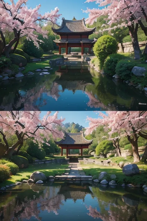 A beautiful detailed peach blossom garden in ancient China, lush peach trees in full bloom, intricate stone bridges, serene ponds with lotus flowers, exquisite traditional Chinese architecture, ancient scholars strolling through the garden, (best quality,4...