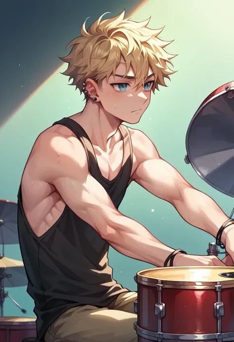 A calm and hot beautiful boy with blue eyes, messy blonde hair shaved on the sides, ear piercings and silver accessories, wearing a tank top, playing the drums, anime style