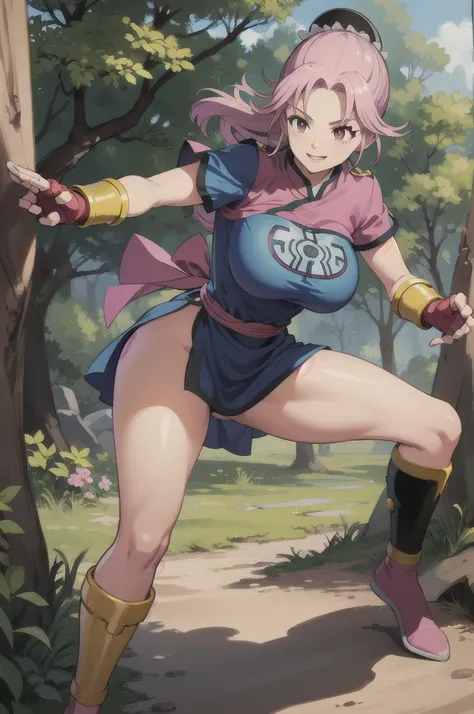 maam,big breasts,beautifuleyes,narrow waist,realistic,solo,outdoor,forest, martialMaam,pink hair,hair bun,long hair,china dress,short sleeves,sash,fingerless gloves,beautiful legs, smile, clenched fists, action pose,:1.1), lady, dragon quest