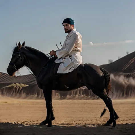 3d handsome strong man. white turban. wearing a long black robe. hold the sword by riding a black horse. full body. wide view. b...