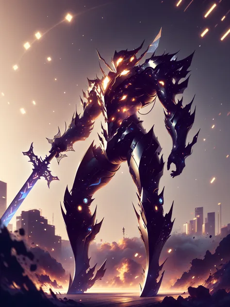 super wide shot, Full body frontal photo,Mecha male warrior， Jade Emperor style,《The mech colors are dark black and dark red》，（《Holding the Xuanyuan sword》，The sword is full of futuristic technology，），（Full body mecha）, Keqing from Genshin Impact, (Masterp...