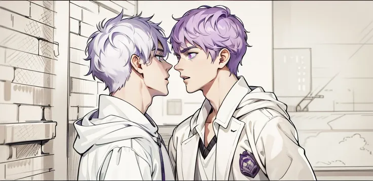 two young men, one of them is threatening the other, he is intimidating him, they have purple hair, purple eyes.