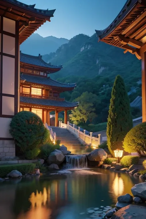 A beautiful detailed peach blossom garden in ancient China, lush peach trees in full bloom, intricate stone bridges, serene ponds with lotus flowers, exquisite traditional Chinese architecture, ancient scholars strolling through the garden, (best quality,4...