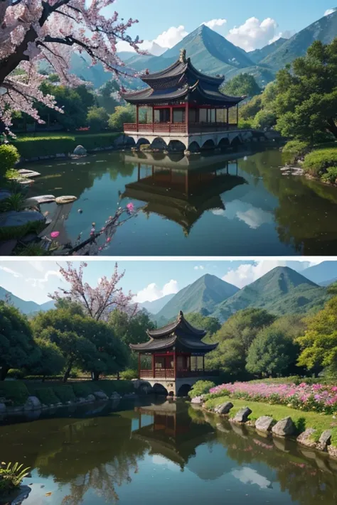 A beautiful detailed peach blossom garden in ancient China, lush peach trees in full bloom, intricate stone bridges, serene ponds with lotus flowers, exquisite traditional Chinese architecture, ancient scholars strolling through the garden, (best quality,4...