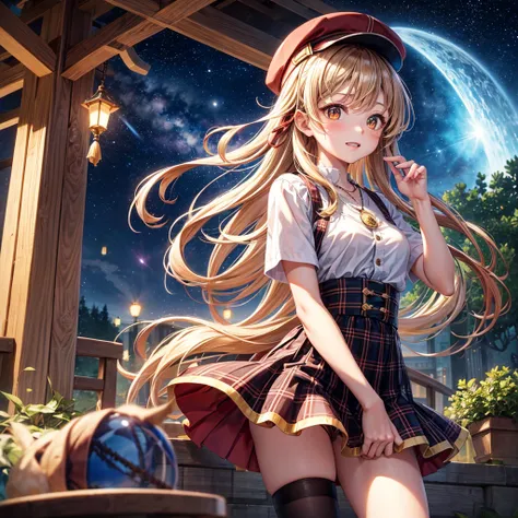 Red, brown, gold, gold hair、Golden Eyes、Hair tied up、One good looking girl、solo、anime、Checkered mini skirt、Ruffles on the skirt、Checked dress、blouse、school uniform、Black knee-high socks、Wearing a baseball cap、Ribbon、Ribbon on waist、Teeth are visible、Silver...