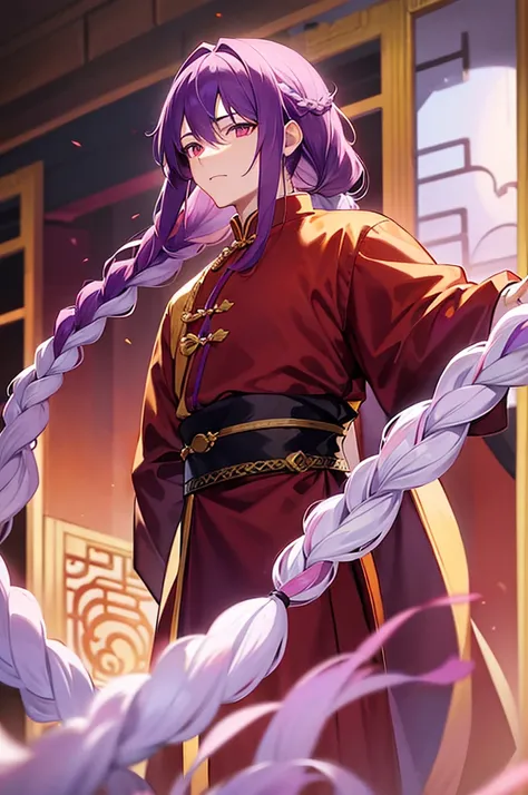 Purple Hair、Red eyes、White background、Anime characters、Knot、Braid、A man wearing Chinese clothing、Black and yellow outfit、A young man with a determined look、Man standing facing forward、Adult male