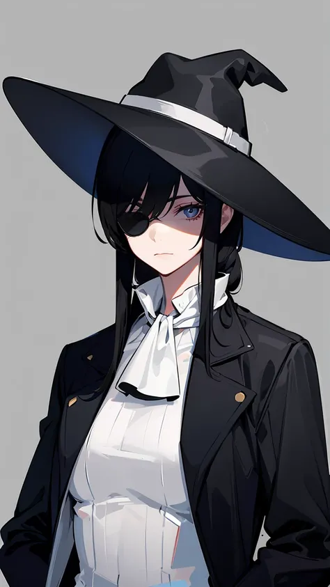 A woman who wears clothes that look like a detective, a black overcoat, black hat, round sunglasses, and has various white bandages tied around his neck, has scars around his eyes, your hair is black and white, featuring  