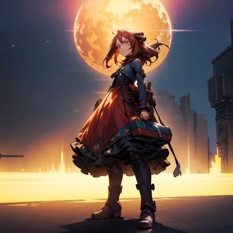 1small girl, full body version, 1character, blue eyes, dark red colour hair, long layers hairstyle, bohemian clothing style, long skirt, brown ransel, boots, Grassroots background in town, motion blur, shadow, big robot weapon in hand, battle gesture, ligh...