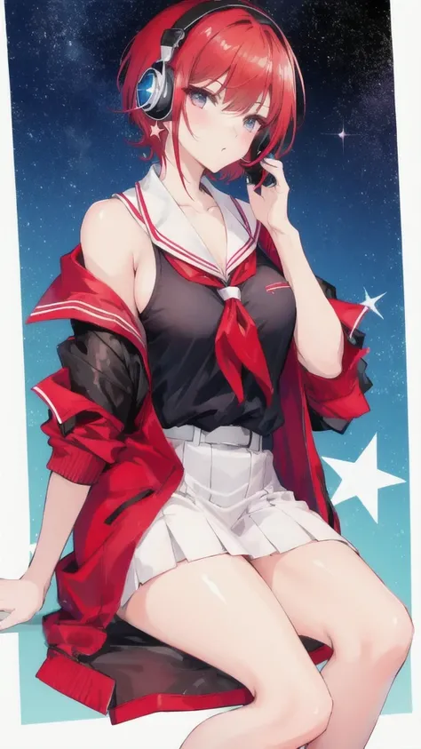 Sexy older female, short red hair, school dress, earrings, stars shining, using headphones, pouting, no revealing clothes