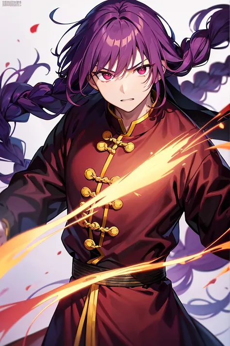 Purple Hair、Red eyes、White background、Anime characters、Knot、Braid、A man wearing Chinese clothing、Black and yellow outfit、A young man with a determined look、Man standing facing forward、Adult male