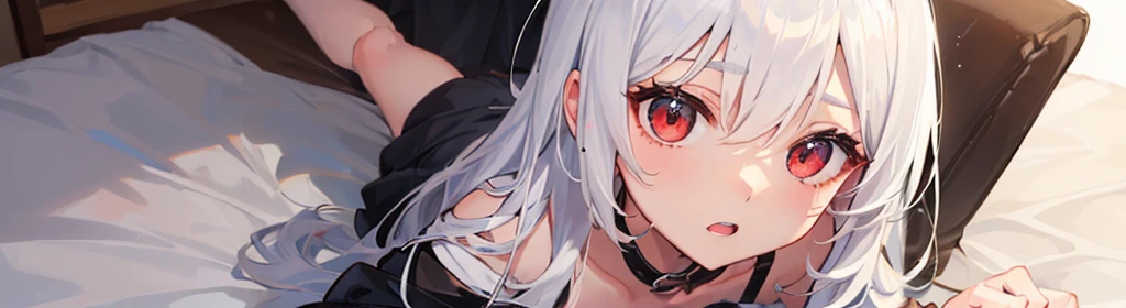 ((((1girl:1.5)))), white hair, red eyes, long hair, (collarbone:1.4), animation style,(2d, chibi, cute, cute, small , big eyes), skin color white, think about something, background/(in the room ,modern girl&#39;s room, bed, Soft mood lighting), ((((rose)))...