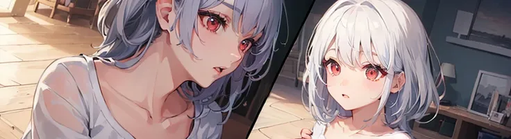 ((((1girl:1.5)))), white hair, red eyes, long hair, (collarbone:1.4), animation style,(2d, chibi, cute, cute, small , big eyes), skin color white, think about something, background/(in the room ,modern girl&#39;s room, bed, Soft mood lighting), ((((rose)))...