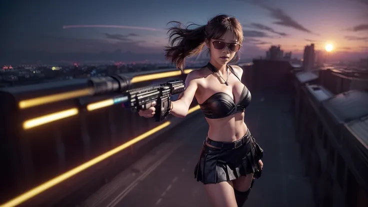 (((At night, ((very dark sunset sky)), (((1girl, solo))), a western woman, photo realistic, large-breast:1.2 slim body, cleavage, off tube top, short pleated miniskirt, standing on rooftop, (matrix style black sunglasses), (((aiming towards viewer with a s...