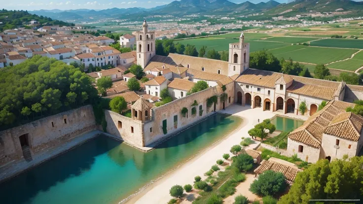 Beautiful scenery of ancient Spanish village. Aerial view. Photorealistic photos. High definition