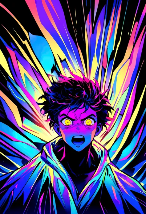 An young mans frightened face in comic book style, depicted in a bold, expressive lines and vibrant colors, against a contrasting gradient background that oscillates between electric blue and neon yellow, evoking a sense of urgency and unease, the subjects...